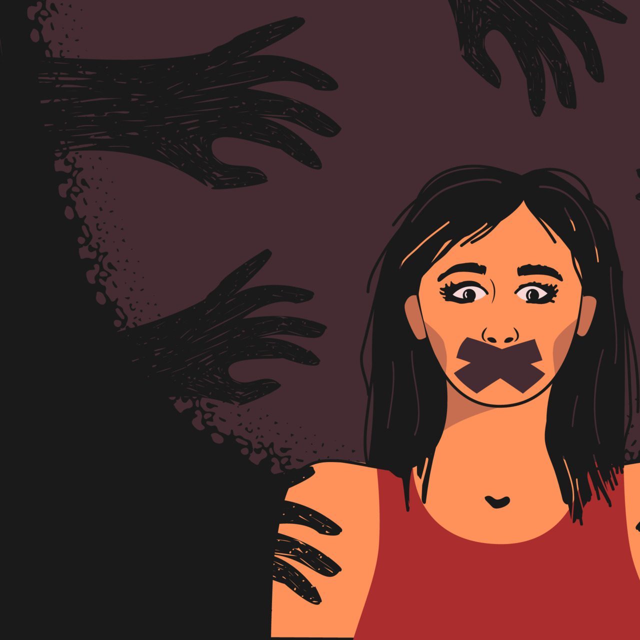 The contours of hands emanating from the darkness around a vulnerable young woman, as a symbol of sexual violence, harassment, abuse, hatred.